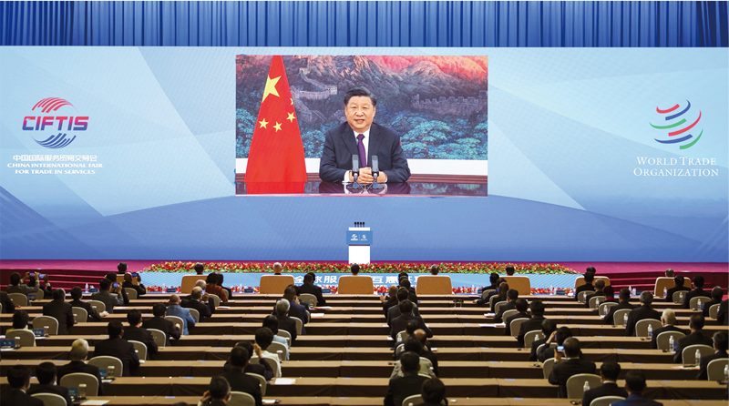 2020年9月4日,国家主席习近平在2020年中国国际服务贸易交易会全球服务贸易峰会上致辞。 新华社记者 李涛/摄